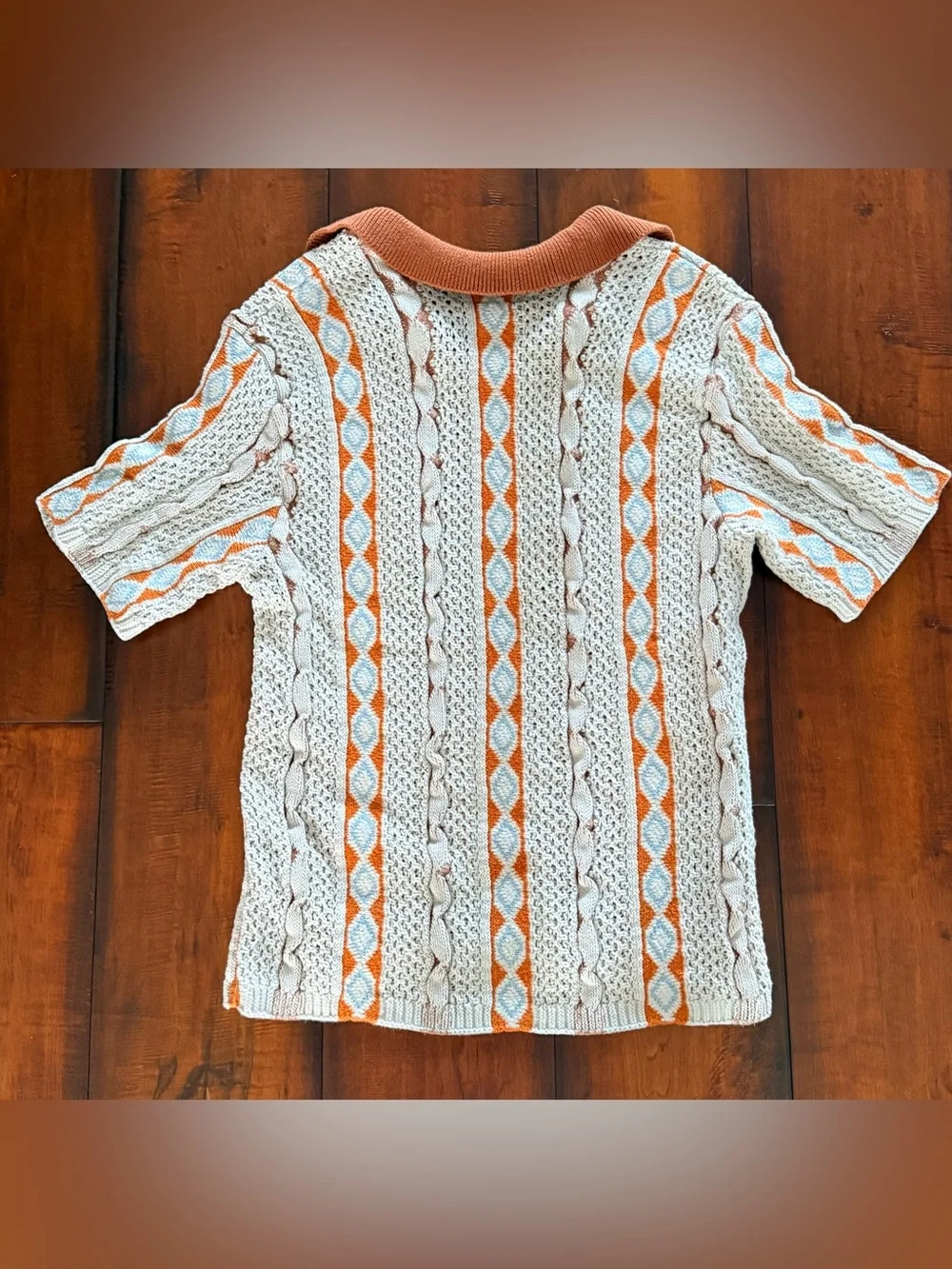 PacSun Cream V-Neck Sweater with Orange and Light Blue Diamond Stripes